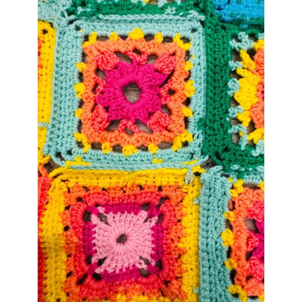 Handmade Crochet Granny Square Throw Blanket Rainbow Ombre Afghan 48x52 Boho